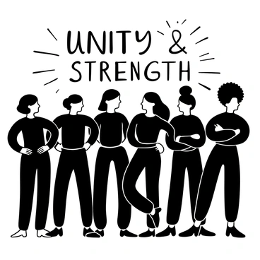 Silhouettes of women of various heights and body shapes standing together side by side, each with unique hairstyles. The figures are posed confidently, with arms crossed or hands on hips, conveying a sense of unity and strength. The background features a subtle gradient of lines to enhance the sense of connection among the silhouettes. The words "Unity" and "Strength" are displayed prominently above the figures in bold lettering.