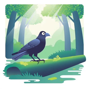 A crow with glossy black feathers is perched on a moss-covered log in a dense forest. The log is surrounded by vibrant green moss and small patches of ferns. Sunlight filters through the leafy canopy above, creating dappled light patterns on the ground. In the background, tall trees with thick trunks and lush foliage rise, completing the forest scene. The crow's sharp, beady eyes are focused on something in the distance, while its beak is slightly open.