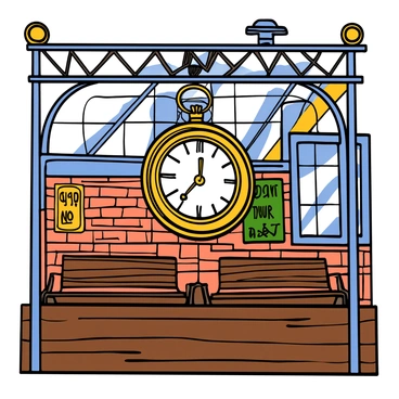 A vintage clock with ornate details and Roman numerals hanging from a decorative metal bracket in an old-fashioned train station. The clock shows the time at three o'clock, with a polished brass finish that shines gently. The station features wooden benches, vintage signage, and large windows allowing sunlight to stream in. There are brick walls adorned with faded posters of past train routes, and a polished wooden floor that reflects the warm glow of the light fixtures above.