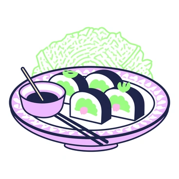 A traditional Japanese plate is elegantly displayed, featuring a beautifully arranged platter of sushi rolls. The sushi rolls are filled with sardines, elegantly garnished with thin slices of green onion and shiso leaves. The plate has intricate designs along the edges, adding to its visual appeal. Beside the sushi, a small dish holds soy sauce, accompanied by a pair of wooden chopsticks resting on the plate. In the background, there is a soft texture resembling a natural wood surface, enhancing the traditional feel of the presentation.