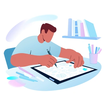 An illustrator is seated at a drawing table, focusing intently on a drawing pad. The drawing pad is filled with intricate geometric patterns in various shapes and sizes. The illustrator is using a fine-tip pen, creating precise lines and curves. Surrounding the illustrator are an array of colorful pens and markers, organized neatly. The workspace features a soft light illuminating the drawing pad, enhancing the vibrant colors of the patterns. In the background, a collection of art books is visible on a shelf, adding to the creative atmosphere.