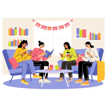 A cozy book club meeting featuring a group of four women sitting in a warmly lit living room. The women are sitting on comfortable chairs arranged in a circle. One woman with curly hair is holding a book and sharing her thoughts enthusiastically. Another woman with glasses is listening intently, while a third woman with straight hair nods in agreement. A fourth woman is jotting down notes in a notebook. The room is decorated with bookshelves filled with colorful novels, and a small table in the center has mugs of tea and a plate of cookies. Soft pillows and a knitted blanket are draped over the chairs, adding to the inviting atmosphere. “Sharing our favorite novels” is written on a decorative banner hanging on the wall.
