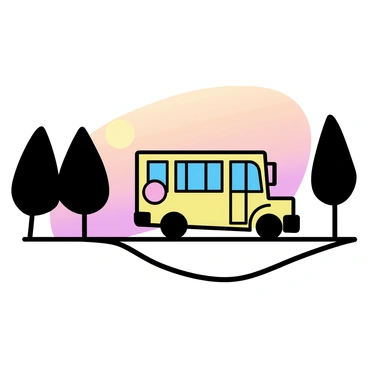 A yellow school bus driving along a winding road. The bus has large windows and a stop sign extended to the side. In the background, a vibrant sunset displays an array of colors, including orange, pink, and purple, casting a warm glow across the scene. Silhouettes of trees line the roadside, their dark shapes contrasting with the bright sky. The road is slightly curved, leading the viewer's eye toward the horizon where the sun is setting.