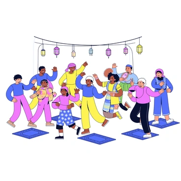A group of people gathered in a vibrant setting, celebrating an Islamic festival. Some individuals are dressed in traditional attire, featuring colorful patterns and fabrics. Among them are men wearing long tunics and women in flowing dresses and scarves. A few people are dancing joyfully, their movements expressive and energetic. In the background, there is a small ensemble playing musical instruments, including a drum and a string instrument. Decorative lanterns hang overhead, adding a festive atmosphere to the scene. The ground is adorned with decorative rugs and prayer mats, enhancing the cultural ambiance of the celebration.