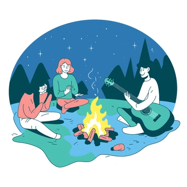 A teal guitar is resting on Marie's lap as she strums it, sitting comfortably by a glowing campfire. The fire emits warm light that dances over her friends, who are gathered around, smiling and enjoying the music. One friend is clapping along, while another is sitting cross-legged, swaying gently to the rhythm. The night sky is dotted with stars above them, adding to the cozy atmosphere of the gathering.
