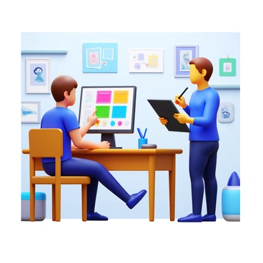 An intern sitting at a desk in an illustration studio, engaged in a project. The intern is looking at a computer screen displaying colorful illustrations. A mentor stands beside the intern, demonstrating techniques with a stylus on a graphics tablet. The studio is filled with art supplies, sketches, and inspirational artwork hanging on the walls. The atmosphere is focused and collaborative, with both individuals showing expressions of concentration and creativity.