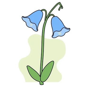 A delicate bluebell flower with long, bell-shaped petals hanging gracefully. The petals are a vivid blue, transitioning to lighter shades towards the edges. The flower is positioned on a slender green stem with a few broad leaves at the base. The background features soft, blended colors that evoke a gentle, dreamy atmosphere without any specific details. The overall composition emphasizes the beauty of the bluebell in a light and airy setting.