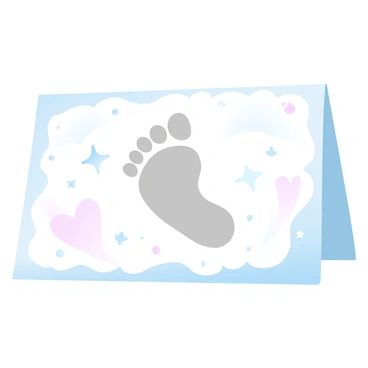 A textured greeting card lays flat, featuring a soft, gradient pastel color background. In the center, there is a detailed imprint of a newborn's footprint, delicately defined to show the tiny toes and heel. Surrounding the footprint, there are gentle decorative patterns, such as small stars and hearts, enhancing the card's appeal. The edges of the card are adorned with a subtle border that complements the overall design.
