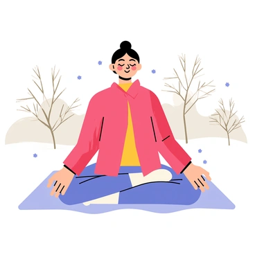 A woman sitting cross-legged on a blanket in a snowy landscape. Snowflakes are gently falling around her, creating a soft white blanket on the ground. She is wearing a cozy, bright red coat that contrasts with the white snow. Her eyes are closed in tranquility as she meditates, with a peaceful expression on her face. In the background, bare trees are dusted with snow, and the sky is a light gray, indicating a calm winter day.