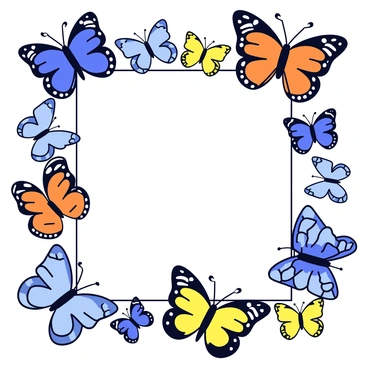 A rectangular illustration frame made up of intricate butterfly wings. The wings are colored in shades of blue, orange, and yellow, showcasing detailed patterns and textures. The frame is adorned with a variety of butterfly species, each positioned to create a cohesive border. The background remains simple and unobtrusive to highlight the beauty of the butterfly wings.