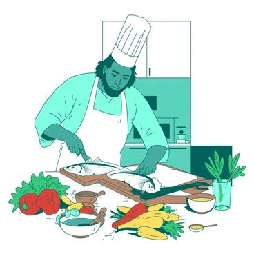 A teal chef is skillfully preparing a snapper dinner in a bright kitchen. The chef is wearing a white apron and a tall white hat, focused on filleting the snapper on a wooden cutting board. Surrounding the chef are fresh ingredients, including an array of colorful vegetables such as red bell peppers, yellow zucchinis, and vibrant green herbs. There are bowls filled with spices and olive oil neatly arranged nearby. The kitchen features white cabinets and a stainless steel countertop, enhancing the overall brightness of the scene.