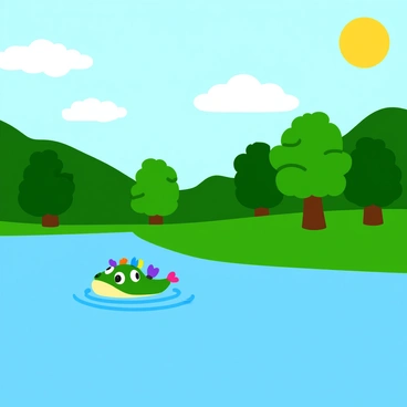 A lush green landscape with a tranquil lake reflecting the sky. In the foreground, a hydra with multiple colorful heads floats gently above the water's surface. The lake features a soft ripple effect, and the surrounding trees are rich with vibrant foliage. The sky is filled with fluffy white clouds, casting playful shadows on the ground below. Sunlight dapples the scene, illuminating the hydra and the shimmering water.