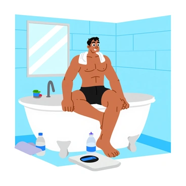 A muscular fighter sitting on the edge of a white bathtub, his body glistening with sweat. He has a determined expression on his face, with dark hair matted to his forehead. The bathroom is bright, featuring pale blue tiles and a large mirror above the sink reflecting his image. The fighter is wearing a pair of black shorts and has a towel draped over his shoulders. A digital scale is visible on the floor nearby, and a bottle of water rests on the edge of the tub.