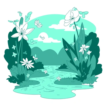 A teal landscape features oversized flowers in various shapes and colors. Fairies with delicate wings, shimmering in the light, are flitting among the flowers. Some fairies are hovering near sparkling streams that flow gently through the scene, reflecting the sunlight. The streams are surrounded by lush greenery, enhancing the vibrant colors of the environment. The atmosphere is alive with the movement of the fairies dancing and the gentle flow of the water.