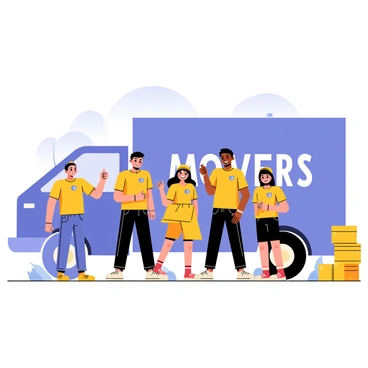 A friendly team of movers is standing in front of a large blue moving truck. The team consists of four individuals, two men and two women, all wearing matching orange shirts with the company logo. Each mover has a big smile on their face and is giving a thumbs up with one hand. The background features a clear sky and a few trees, enhancing the cheerful atmosphere of the scene. The truck has the company name printed in bold letters on the side, and there are some packing boxes stacked neatly next to it.