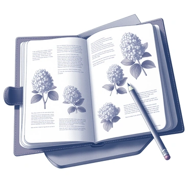 An open notebook lies on a wooden table. The pages are filled with sketches of hydrangeas, showcasing their distinct round flower clusters and broad leaves. Written notes accompany each sketch, detailing the characteristics of different hydrangea varieties. Some sketches illustrate their natural habitat, depicting lush greenery, soil types, and moisture levels favorable for growth. The notebook's cover is leather-bound, and a pencil rests beside it, hinting at recent activity.