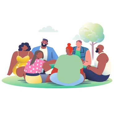 A diverse group of six people is sitting in a circle on a grassy area in a park. The group includes individuals of various ethnicities: a woman with curly black hair wearing a yellow sundress, a man with short brown hair in a blue shirt, a woman with long straight black hair dressed in a floral blouse, a man with a beard and glasses in a green T-shirt, a woman with red hair tied in a bun wearing a denim jacket, and a man with shaved head in a white tank top. They are sharing stories and laughing, with some leaning forward and others resting back, creating an atmosphere of joy and camaraderie. A few trees can be seen in the background, with sunlight filtering through the leaves, casting dappled shadows on the ground.