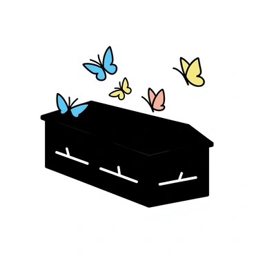 A black coffin is placed in the center of the image. Surrounding the coffin, there are several colorful butterflies in various sizes and patterns. The butterflies have vibrant wings with hues of blue, yellow, orange, and red. They are in different positions, some hovering in the air while others are gently landing on the coffin's surface. The scene captures the contrast between the dark coffin and the bright, lively colors of the butterflies.