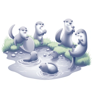 A family of otters is engaging in playful activities in a clear stream. Several otters are seen swimming and splashing in the water, while others are sliding down a small, smooth rock into the stream. One otter is holding a pebble in its paws, appearing to play with it, while another is diving beneath the surface. The water is flowing gently around them, creating small ripples and bubbles. Lush green vegetation lines the edges of the stream, providing a natural habitat for the otters.