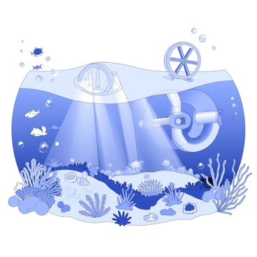 A seabed view features tidal energy installations, including large underwater turbines secured to the ocean floor. The turbines have multiple blades that are designed to catch the flowing water. Surrounding the installations, various aquatic life forms can be seen, such as fish swimming in schools, colorful coral formations, and intricate seaweeds swaying gently with the current. Bubbles rise from the seabed, and rays of light filter down from the surface, illuminating the scene.