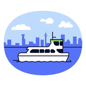 A ferry with a white hull and green accents is sailing across the Puget Sound. The water is gently rippling around the ferry, reflecting the blue sky above. In the distance, Seattle's skyline is visible, featuring tall buildings, including the iconic Space Needle. The skyline is set against a backdrop of soft clouds drifting through the sky. Small waves create a sense of movement around the ferry as it makes its way through the sound.