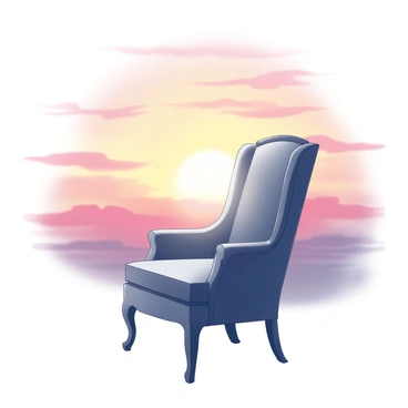 A silhouette of a fauteuil chair positioned against a sunset backdrop. The sky is filled with distinct gradients, showcasing stripes of colors that blend into one another. The outline of the fauteuil distinctly contrasts with the colorful horizon, allowing for a clear view of its elegant shape and curves. The setting sun casts a soft glow around the chair, enhancing its presence in the scene.