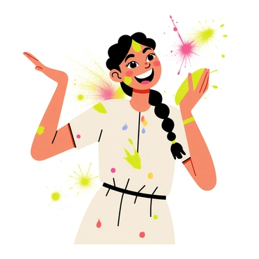 A joyful Indian girl with dark hair tied in a braid is celebrating the festival of colors. She has bright green and pink powders covering her face and clothes. Her eyes are sparkling with happiness as she smiles widely. The girl is holding a handful of colorful powders in the air, and some powders are flying around her. She is wearing a traditional white kurta with colorful patterns. In the background, there are splashes of bright colored powders and festive decorations, enhancing the lively atmosphere of the celebration.