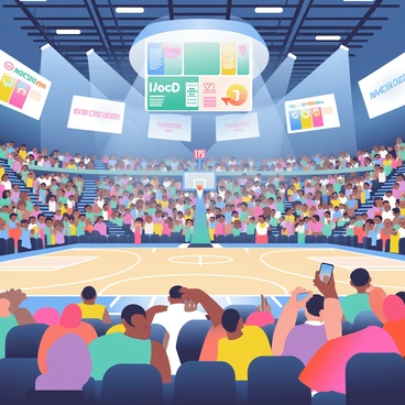 A vast basketball arena is brightly lit, showcasing a polished wooden floor. The stands are filled with enthusiastic fans wearing colorful jerseys, holding up banners that display their team's colors and slogans. The atmosphere is electric, with some fans standing and cheering, while others are capturing the moment on their smartphones. There are large screens above the court displaying game stats and highlights, adding to the excitement of the scene. Bright spotlights illuminate the center of the court where a basketball hoop stands ready for action.