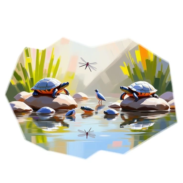 A tranquil pond with clear water reflecting the surrounding greenery. Several turtles are basking on sun-warmed rocks that protrude from the water's edge. In the shallow areas of the pond, various birds are wading, their slender legs submerged as they search for food. Lush plants and reeds frame the pond, adding to the natural setting. A few dragonflies are captured mid-flight above the water's surface, creating a lively atmosphere.