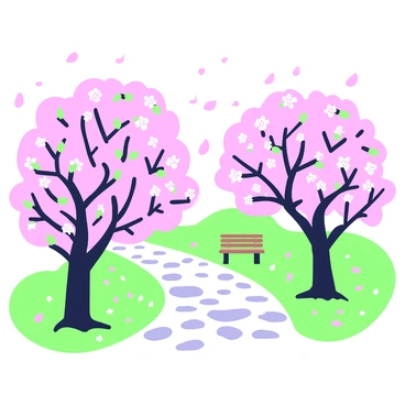 A path is lined with cherry blossom trees in full bloom. The trees are adorned with clusters of pink flowers, creating a vibrant canopy above the path. Petals are gently falling from the branches, creating a delicate carpet of blossoms on the ground. The path is made of smooth stones, leading through the blooming trees. Soft sunlight filters through the branches, illuminating the scene and casting dappled shadows on the path. In the distance, a wooden bench is visible, nestled among the trees for visitors to enjoy the view.