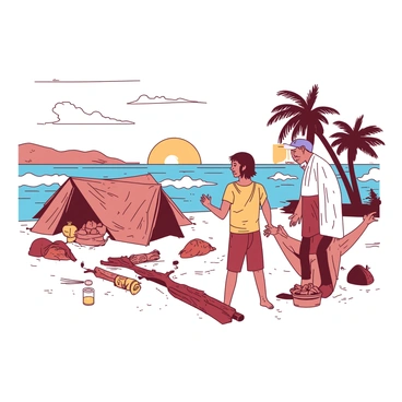 A group of shipwreck survivors is gathered on a sandy beach of a deserted island. In the foreground, two survivors are engaged in a heated discussion, with one individual gesturing emphatically while the other looks frustrated. The sun is setting in the background, casting a warm glow over the scene. Surrounding them are several makeshift shelters made of palm fronds and driftwood, along with scattered supplies from the shipwreck. In the distance, the ocean waves crash against the shore, creating a sense of urgency in the survivors' expressions. The atmosphere is tense as they navigate their disagreement on leadership roles.