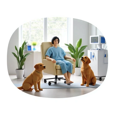 A patient with short hair and wearing a hospital gown sits in a comfortable chair, connected to a hemodialysis machine with tubes. The machine has a digital display showing various readings. Next to the patient, a small, friendly golden retriever sits calmly, looking up with an attentive expression. The room is well-lit, with medical equipment in the background and a few plants adding a touch of greenery. A window allows natural light to filter in, creating a warm atmosphere.