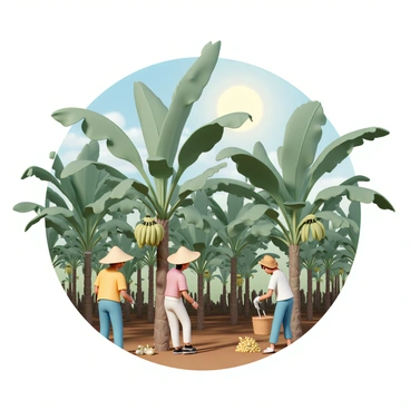 A tropical plantation with lush green foliage, featuring tall banana trees with large, broad leaves. Several workers, wearing wide-brimmed straw hats, are engaged in harvesting ripe bunches of bananas. One worker is using a long pole with a cutting tool to carefully detach a bunch, while another worker is gently placing harvested bananas into a woven basket at the base of the tree. In the background, the bright sunlight filters through the leaves, casting dappled shadows on the rich brown soil.