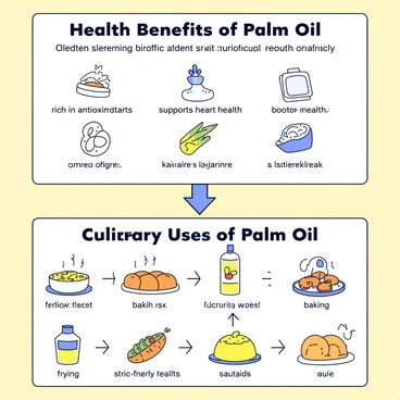 An infographic featuring "health benefits" and "culinary uses" of palm oil. The top section includes a large title that reads "Health Benefits of Palm Oil" in bold letters. Below, there are simple icons representing "rich in antioxidants," "supports heart health," and "boosts energy" accompanied by brief descriptions. The bottom section highlights "Culinary Uses of Palm Oil," showcasing various cooking methods such as frying, baking, and sautéing. Each method is accompanied by an illustration of food items like fried rice, baked goods, and stir-fried vegetables, with arrows connecting the images to the uses. The background of the infographic is a light color to enhance readability.