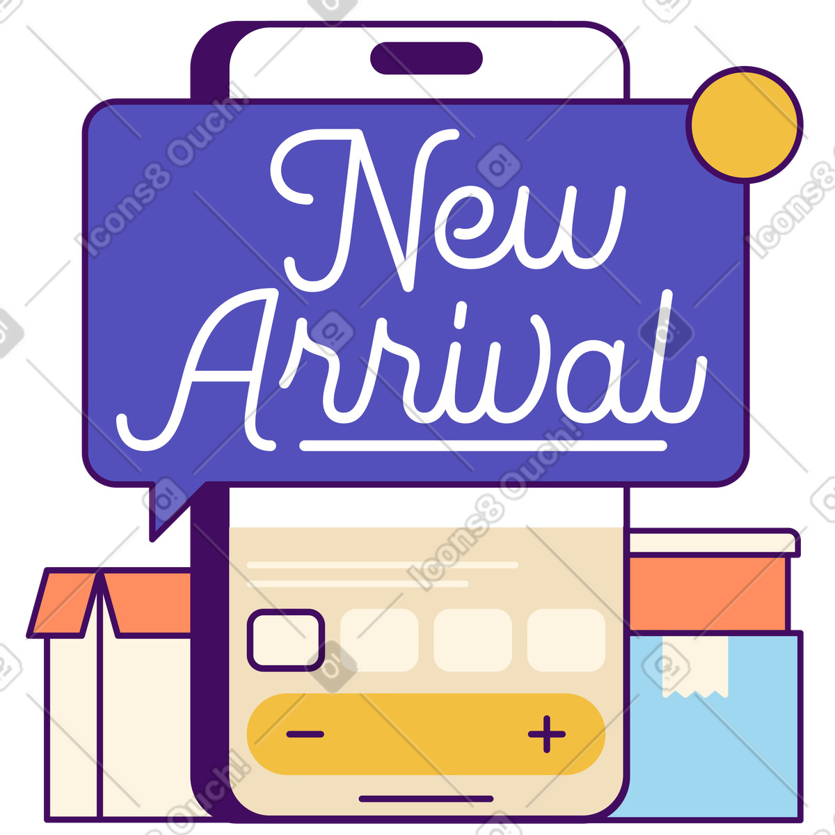 Ilustración New arrival lettering on mobile app with parcel boxes, Digital retail announcement en estilo Simplistic a descargar en PNG y SVG