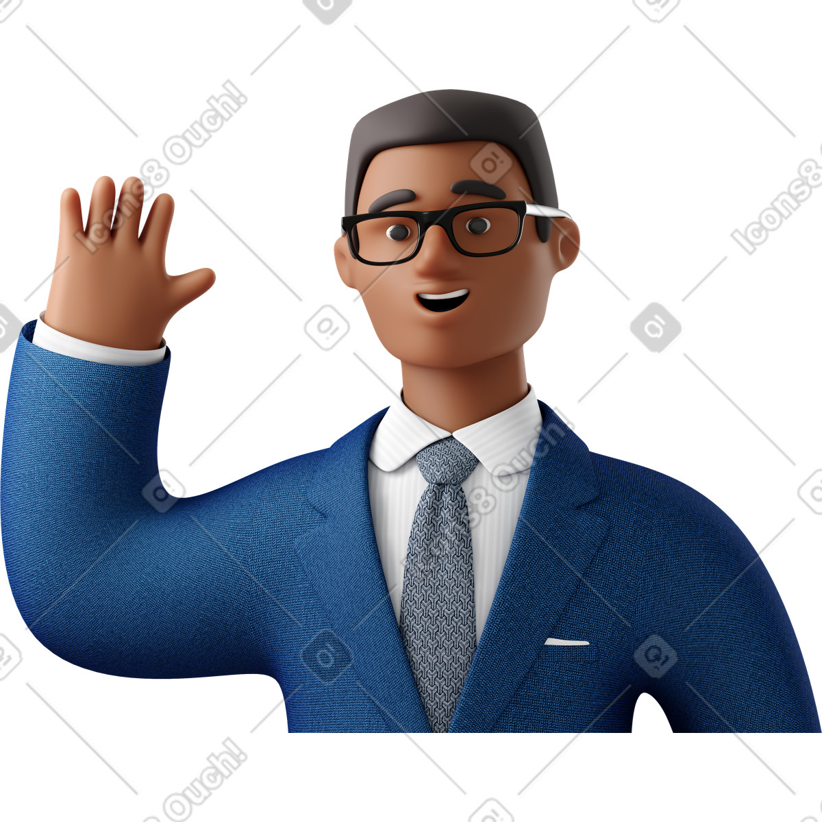 Close up of a black businessman in a blue suit waving hello illustration welcome clipart SVG