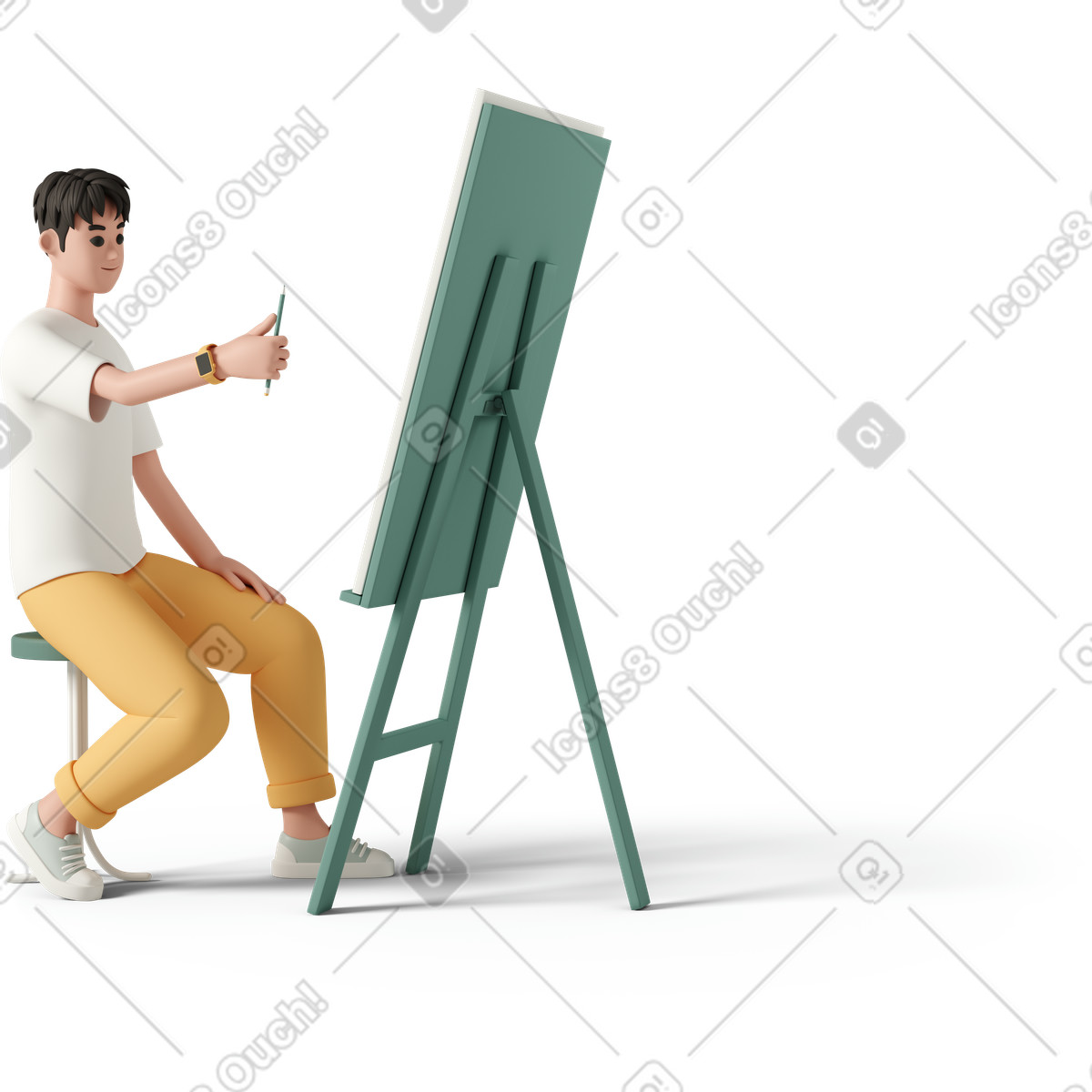 下载 3D Casual life 风格的 Young man drawing picture on easel 插画，支持 PNG、SVG 格式