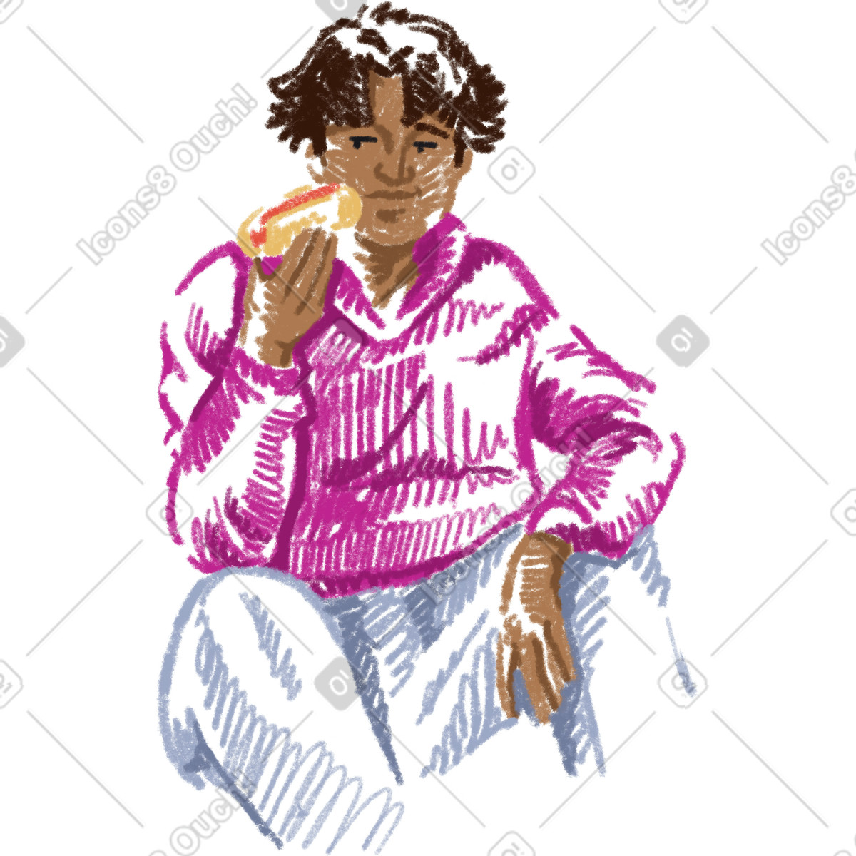 Young man eating a hot dog illustrazione in stile Sketchbook scarica in PNG, SVG