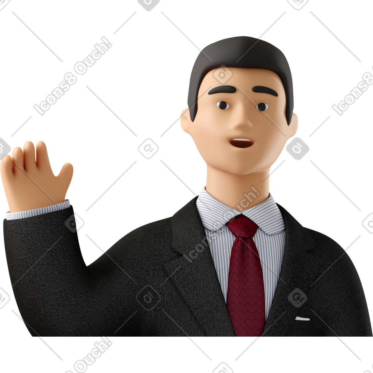 下载 3D Business 风格的 Close up of businessman in black suit waving goodbye 插画，支持 PNG、SVG 格式