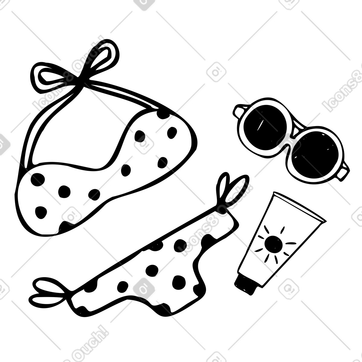 Articoli estivi: costume da bagno, occhiali sole e crema solare illustrazione in stile Marks scarica in PNG, SVG