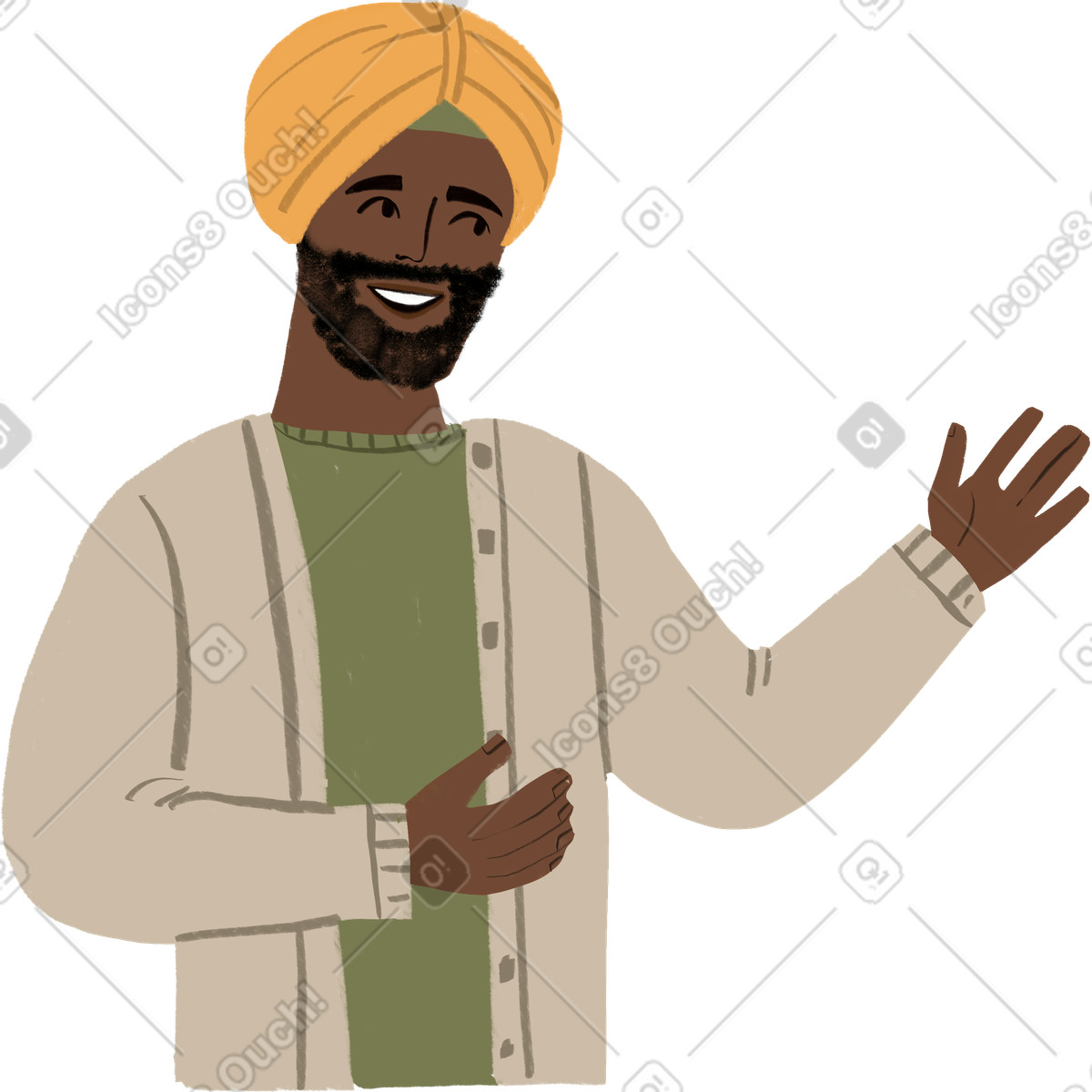 Man in turban speaking with his hands up illustration Lumiere style download PNG, SVG