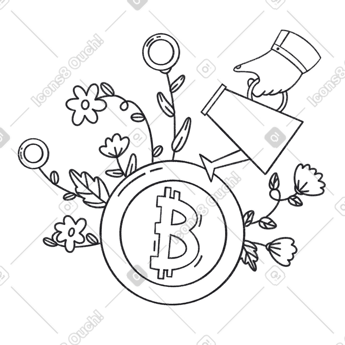 Albero di irrigazione uomo d'affari con monete bitcoin illustrazione in stile Bonbon Line scarica in PNG, SVG
