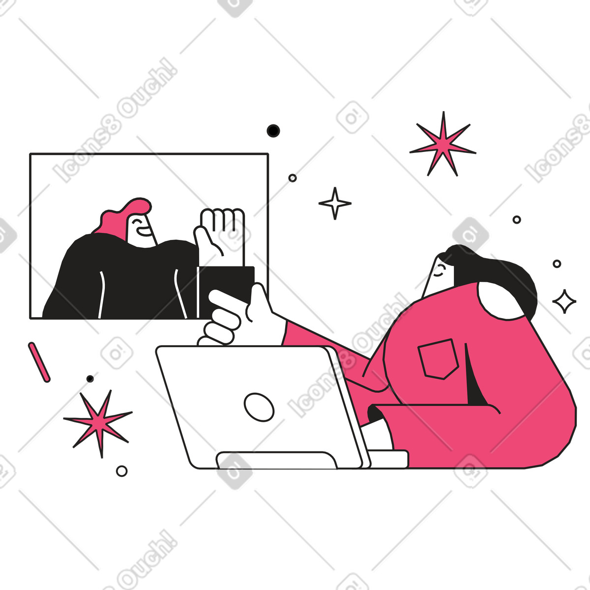 下载 Dazzle Line 风格的 Colleagues participating in video call, Digital teamwork and online collaboration 插画，支持 PNG、SVG 格式