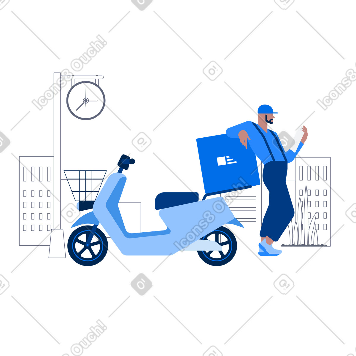 Courier standing by scooter in city, Urban delivery service illustrazione stile scarica PNG, SVG