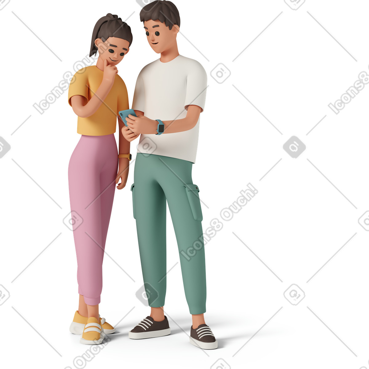 下载 3D Casual life 风格的 Young man showing phone screen to woman 插画，支持 PNG、SVG 格式