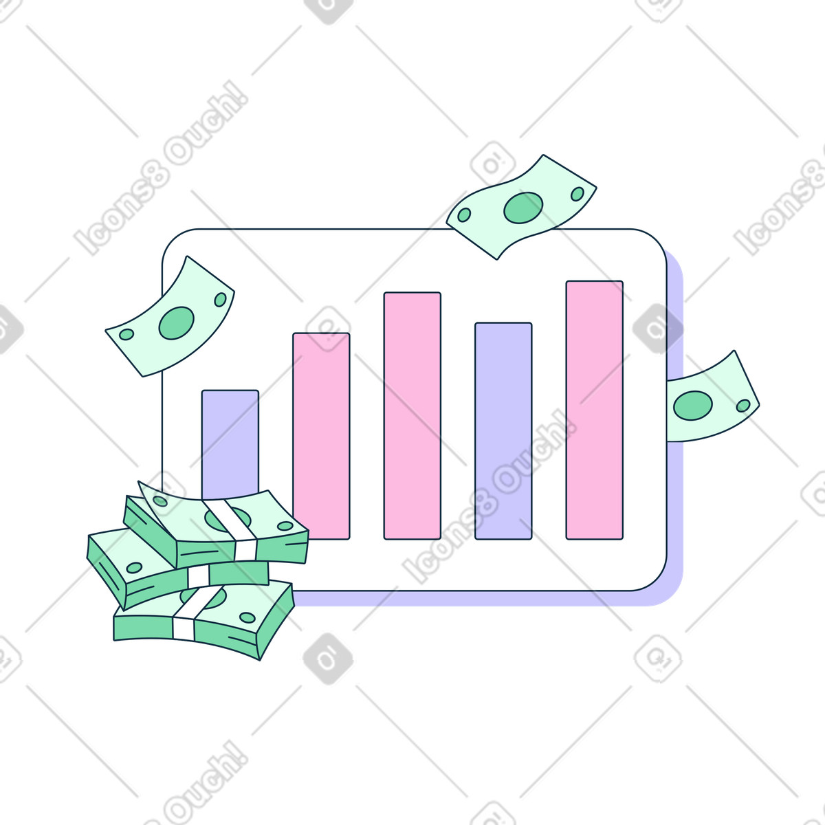Bar chart and banknotes illustration in PNG, SVG