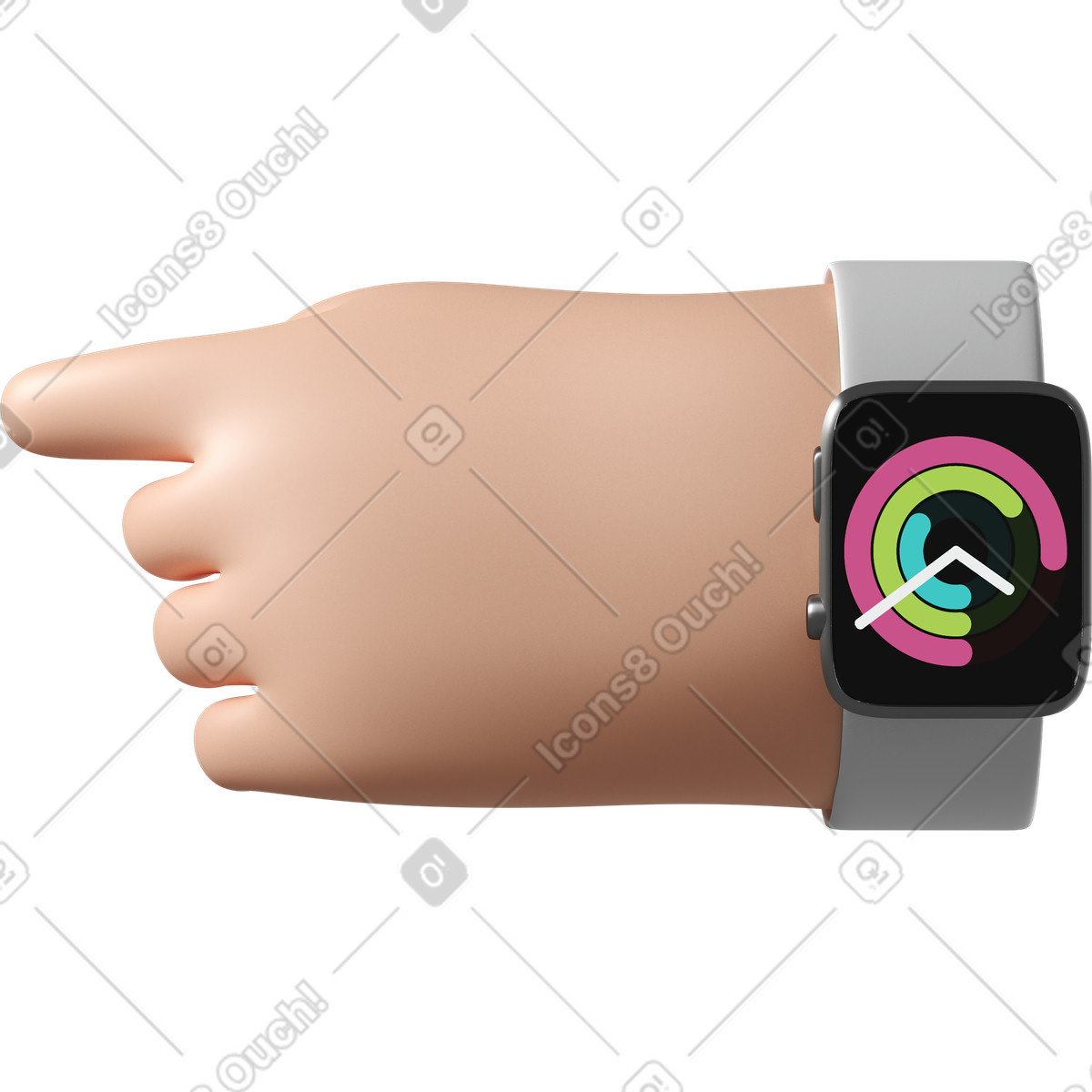 White skin hand with smartwatch turned on pointing left illustration in 3D Hands Fun&Wild style download in PNG, SVG