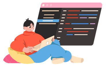 A man coding on a laptop while sitting - Dizzy style illustration