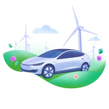 A modern pastel illustration featuring a "Tata electric car" parked on a green energy farm. In the background, several large "wind turbines" are visible, their blades turning gently in the wind. The landscape is filled with lush green grass and a few vibrant wildflowers scattered around. The sky is clear with a few soft clouds, enhancing the serene environment. The car is sleek and modern, with a shiny exterior that reflects the natural surroundings.