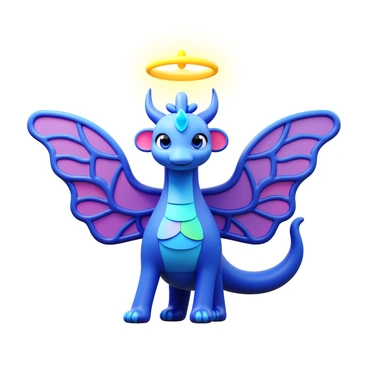 A mythical creature with a majestic appearance stands confidently. It has shimmering scales that reflect a spectrum of colors. Above its head, a crown-like halo glows radiantly, casting a soft light around. The creature features large, intricate wings that resemble those of a butterfly. Its expressive eyes are filled with wisdom and mystery. The scene is set in a gentle, ethereal environment that enhances the creature's otherworldly presence.